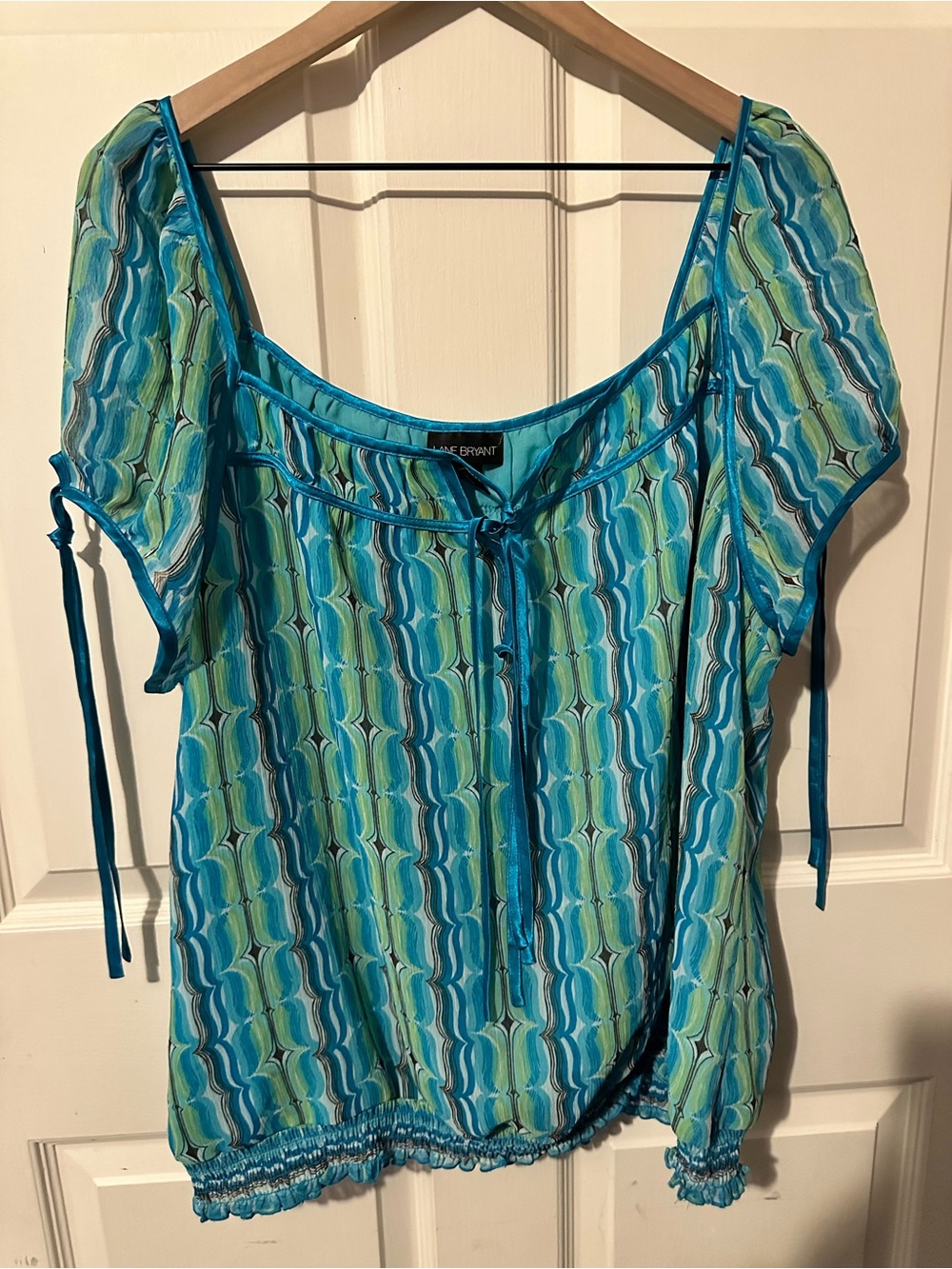 Lane Bryant | Top | Lane Bryant Blue-Green Patterned Short Sleeve Blouse - Picture 8 of 8